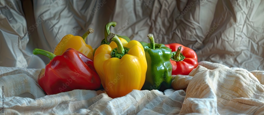 Poster colorful bell peppers nicely arranged on a linen cloth with available copy space image
