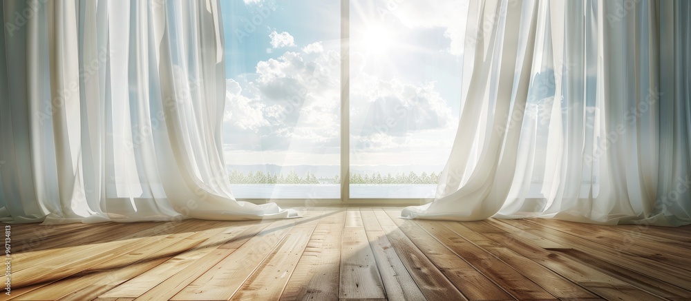 Fototapete room with wooden floor illuminated by daylight through a see through window with white curtains on a