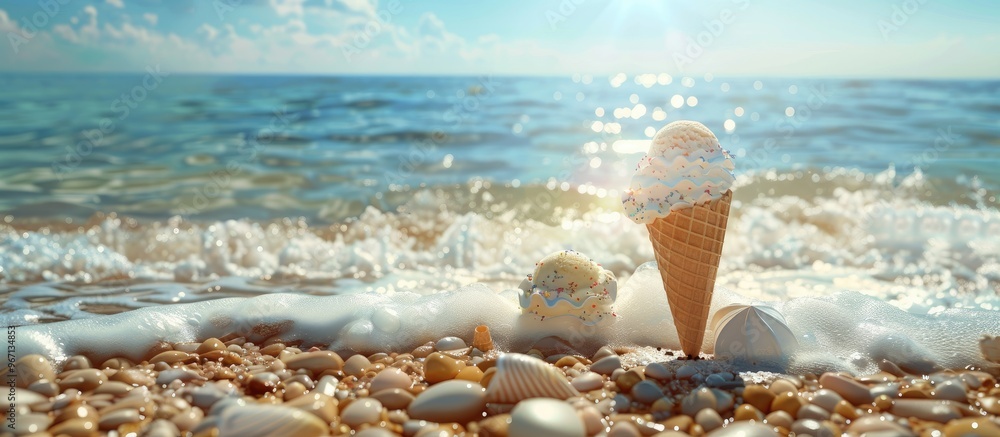 Poster relaxing on the pebble beach indulging in ice cream treat with empty cones on display against a back
