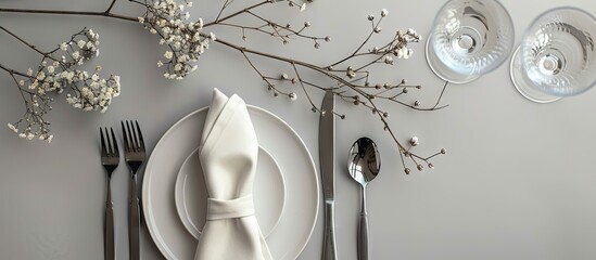 A chic arrangement of silverware napkin plate and dry branch on a light grey table seen from above perfect for a copy space image