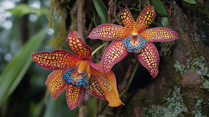 of the vibrant and rare orchids growing on a tree in the Amazon rainforest, showcasing their intricate patterns  © aun