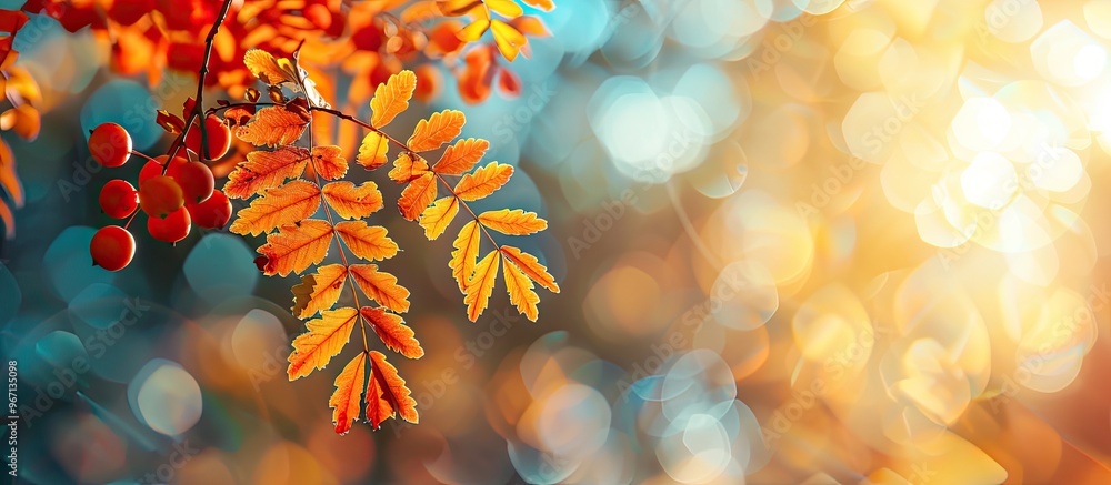 Aufkleber a picturesque fall scene displaying rowan leaves on a tree branch with sunlight shining through high
