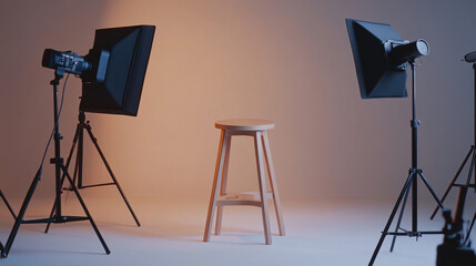 An empty stool is positioned amid professional lighting equipment in a photo studio. The lighting setup is strategically arranged to provide optimal illumination for photography, highlighting the stoo