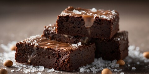 Freshly baked brownies with sea salt stacked on top of each other.