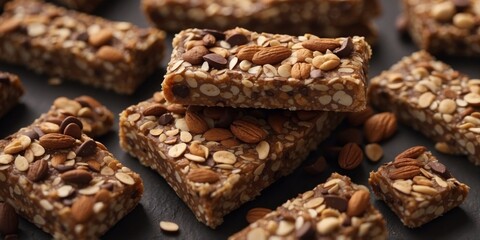 Obraz premium From above of appetizing sweet energy bars with nuts and seeds covered with chocolate.