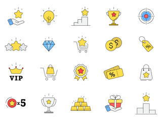 Fototapeta premium business cute icon set. Outline style icon design isolated background, pictogram, shopping online, winner podium and trophy vector illustration. 
