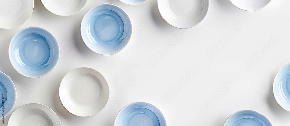 Poster a top down view of white and blue plates against a clean white backdrop showcasing a copy space imag