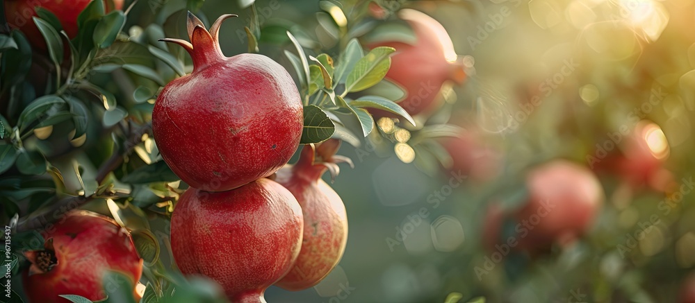 Poster Detailed close up of ripe red pomegranates on a tree branch at a Mediterranean farm offering a copy space image in the background
