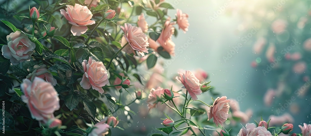Aufkleber Summer garden with delicate pink roses blooming showcasing a charming and fragile display with copy space image available