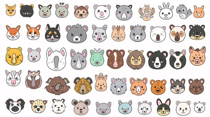 58. An extensive collection of charming animal faces, encompassing zoo, wild, farm, pet, rodent, and reptile species, hand-drawn in a kawaii style and set against a white background in vector format