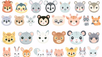 Fototapeta premium 59. A big set of endearing animal faces, including a variety of zoo, wild, farm, pet, rodent, and reptile animals, illustrated in a cute kawaii style on a white background, ideal for baby designs