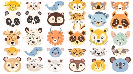 60. A comprehensive vector illustration of cute animal faces from zoo, wild, farm, pet, rodent, and reptile categories, all drawn in a kawaii style on a white background, suitable for baby graphic