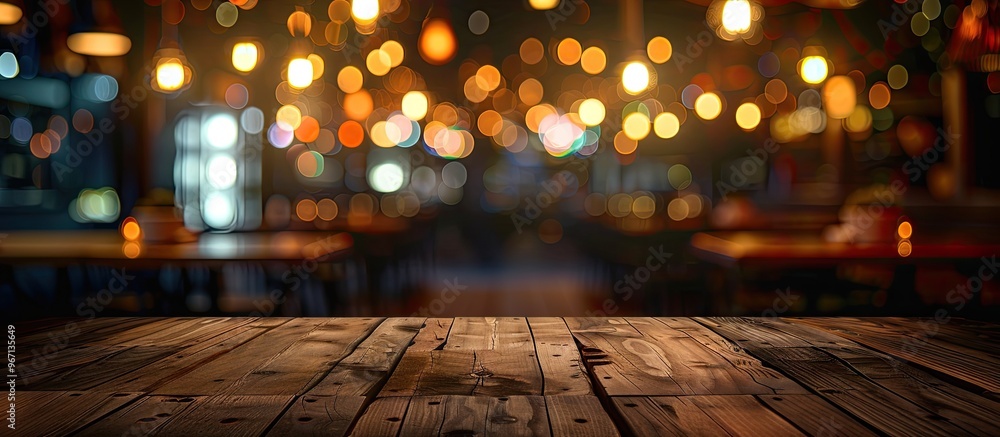 Poster a chic nocturnal restaurant setting is captured with a blurred lively scene showcasing an empty wood
