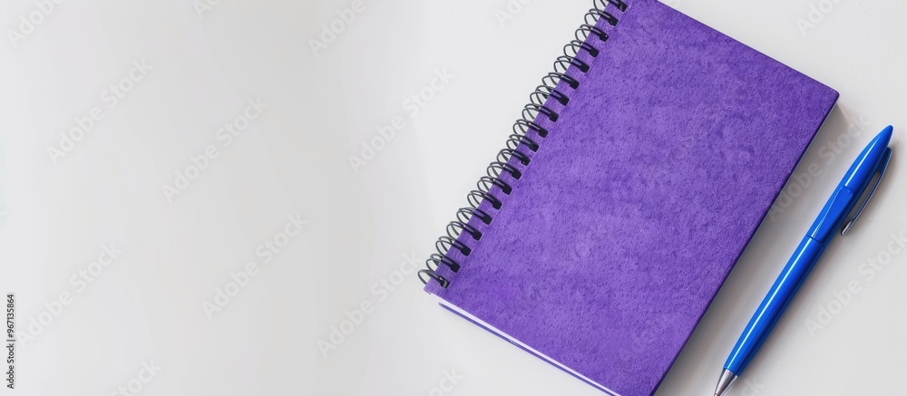 Aufkleber purple notebook and blue pen viewed from above on a white background making it suitable for school o