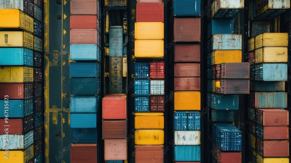 Poster aerial view of stacked shipping containers at a port