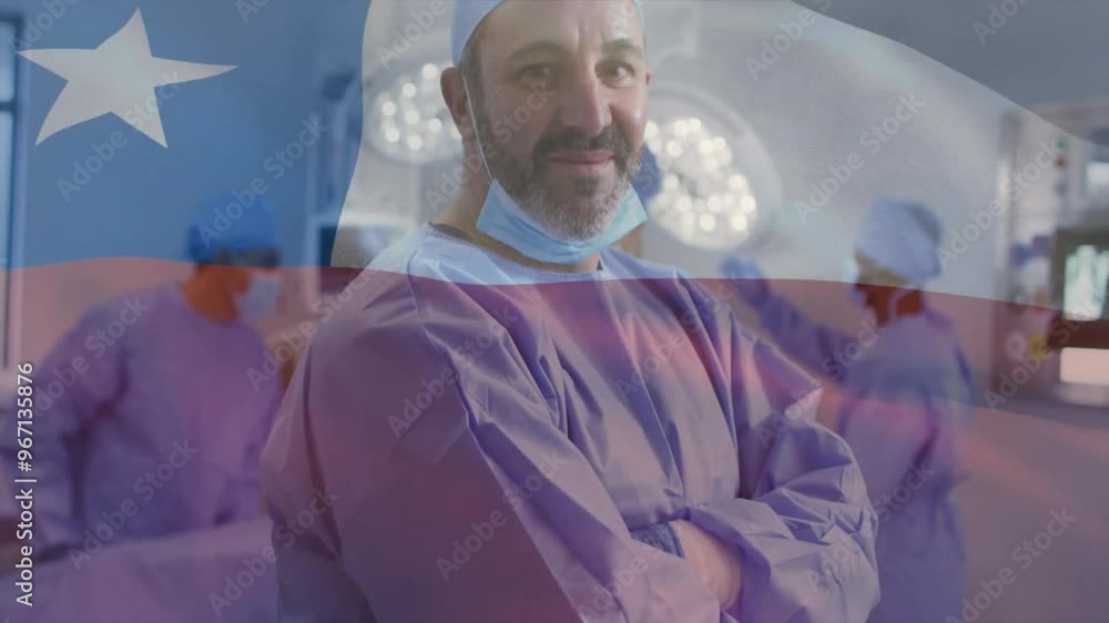 Sticker Animation of flag of chile over biracial male surgeon in hospital