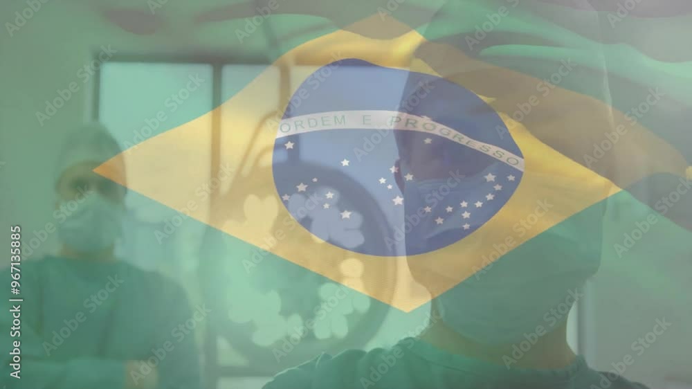 Wall mural Animation of flag of brazil over diverse surgeons in hospital