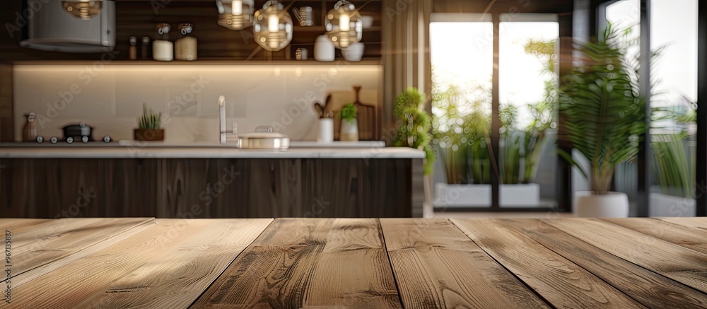 Poster a modern home design setting featuring a table with a blurred kitchen backdrop ideal for showcasing 