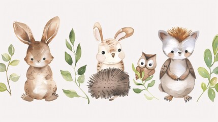 Fototapeta premium 66. A lovely watercolor depiction of a bunny, owl, and hedgehog, designed for nursery decor, birthday invitations, and kids' posters, providing a cute and whimsical touch