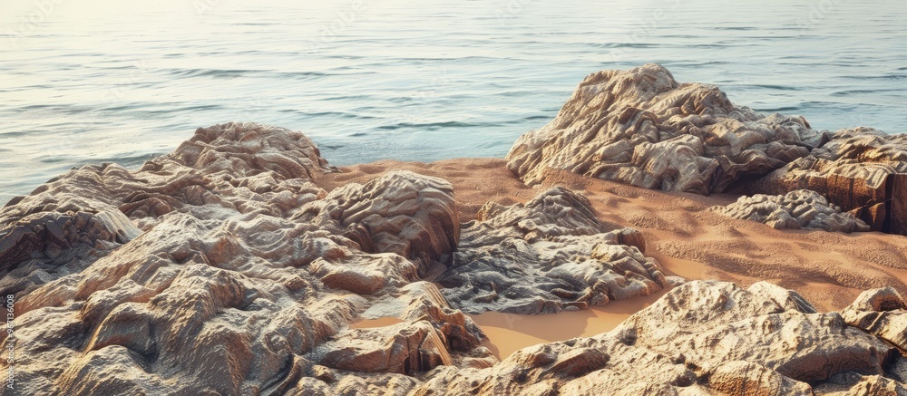 Poster top view of a rocky seashore with sandy texture and yellow desert dunes in the background ideal for 