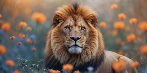 Blue and orange lion with floral background.