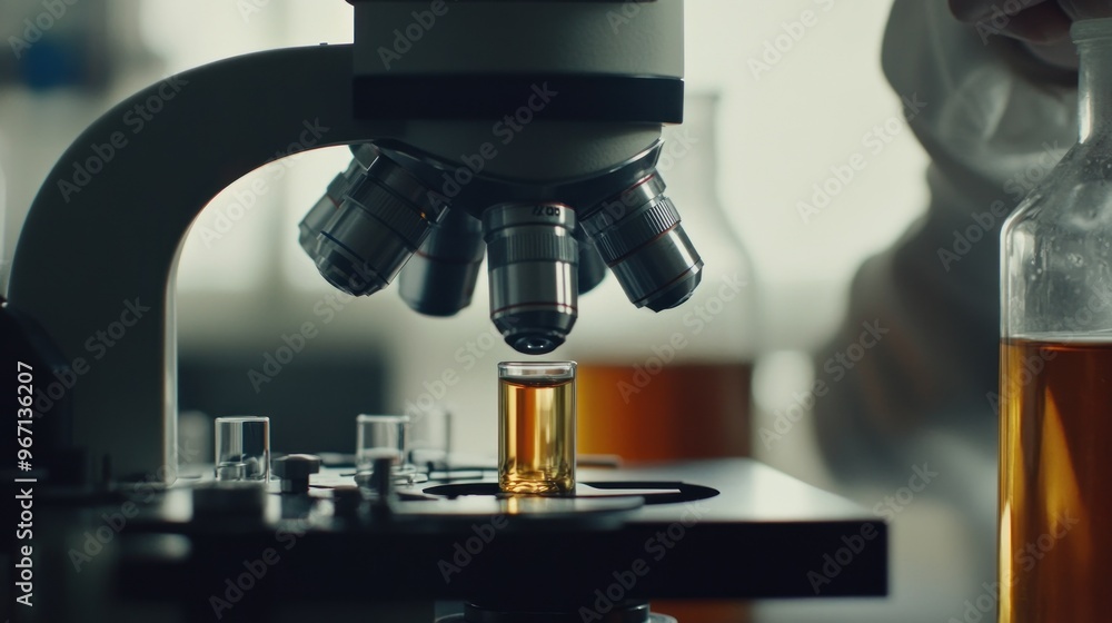 Poster close-up of a microscope lens focused on a glass vial filled with a yellow liquid in a lab setting