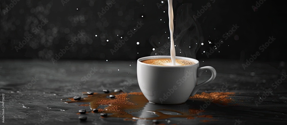 Leinwandbilder In a studio setting milk is being poured into freshly brewed coffee in a professional setup with a designated area for inserting images. Creative banner. Copyspace image