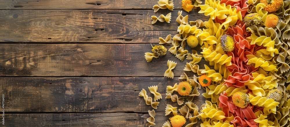 Poster top view of various pasta types with vegetables on a rustic wooden surface providing free copy space