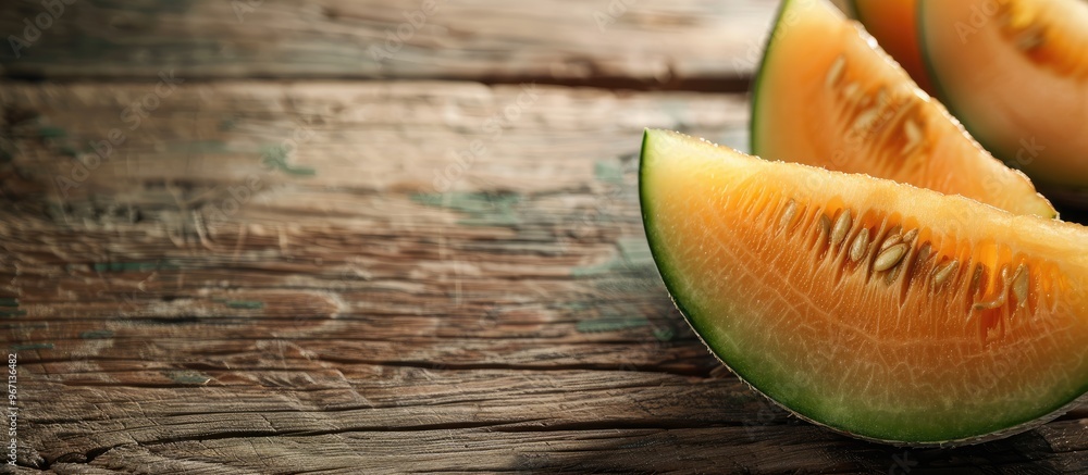 Poster fresh sliced muskmelon isolated on a wooden background with copy space image