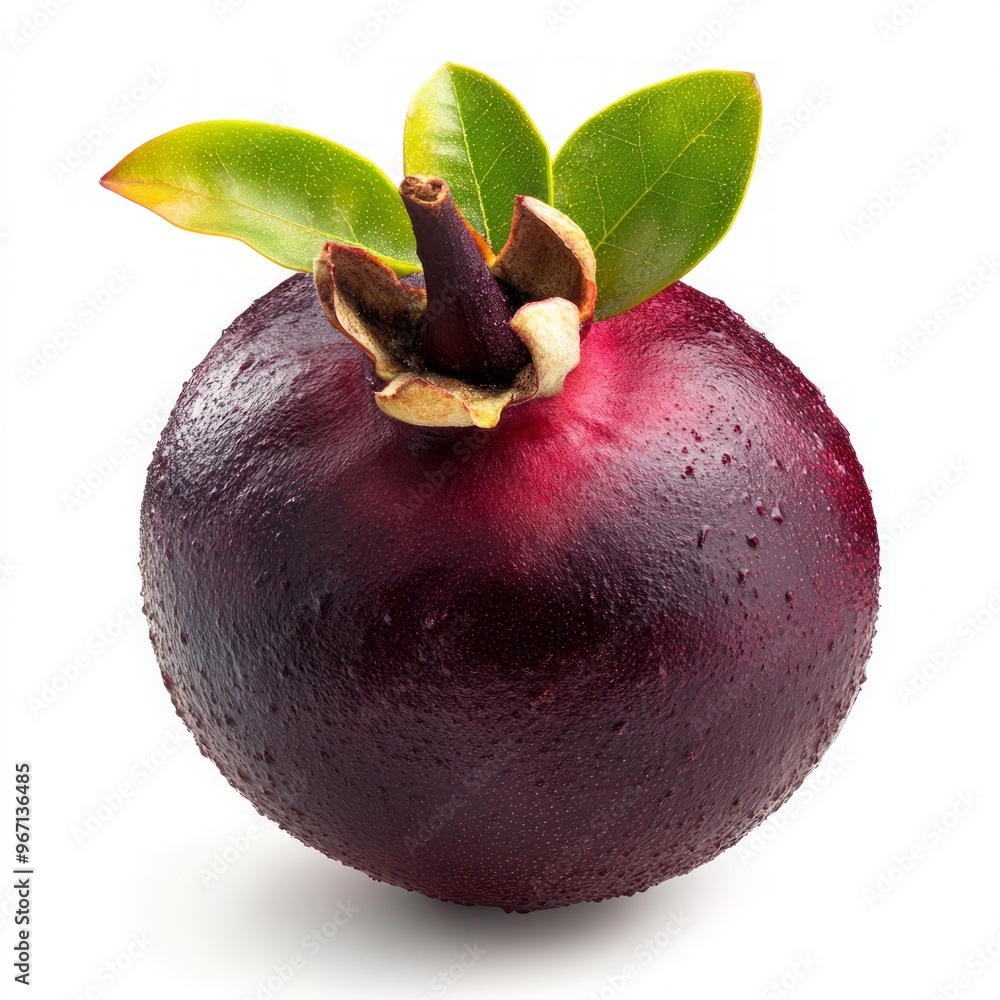 Sticker A single, whole pomegranate with green leaves, isolated on a white background.