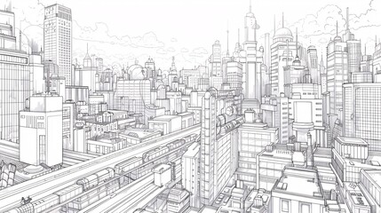 75. An elaborate line drawing of an urban landscape, showing detailed architecture, roads, and urban elements, perfect for use as background material