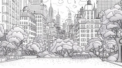 76. A complex line art illustration of a cityscape, capturing buildings, streets, and parks with fine details, ideal for background designs and material
