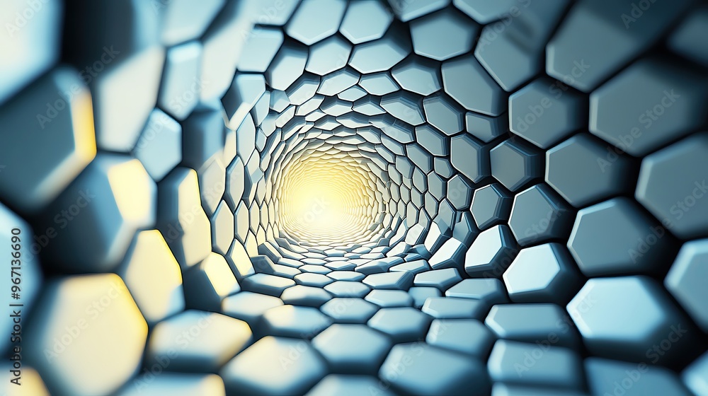 Poster a futuristic tunnel made of hexagonal shapes showcasing vibrant light and depth, perfect for technol