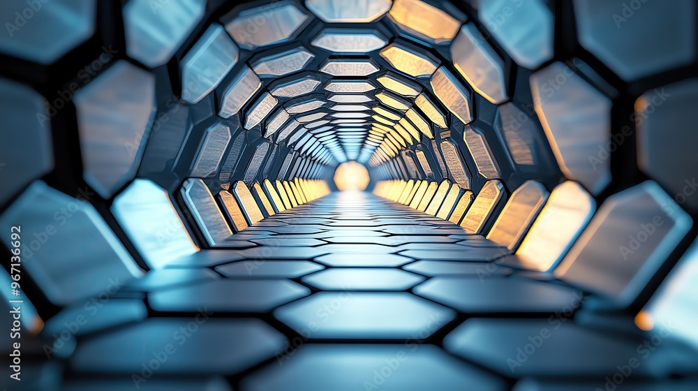 Poster futuristic tunnel with hexagonal pattern and glowing light. a captivating view into an abstract digi