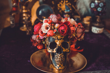 Mystical scene with candles. Fate prediction. Halloween concept, details and décor for home