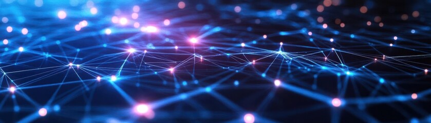 Obraz premium Craft a high-angle view of a dazzling AI neural network Glowing lines weave through nodes in a digital atmosphere, immersing the viewer in blue and purple hues