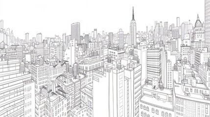 78. An artistic line drawing of a bustling cityscape, featuring detailed urban elements and architecture, intended as background material for creative uses