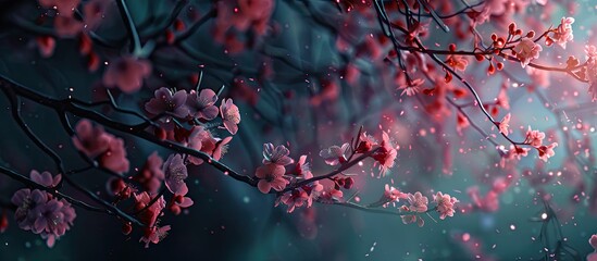 A captivating nighttime scene of cherry blossoms or sakura with a copy space image