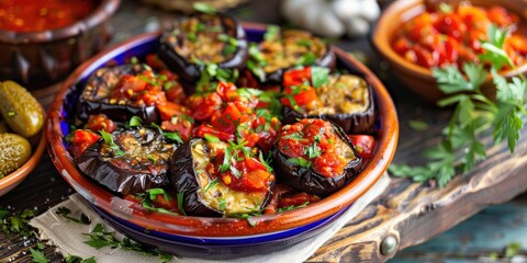 Fototapeta premium Turkish Appetizers with Eggplant Tomato Paste and Pickles