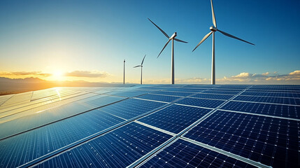 Blue photovoltaic solar panels and wind turbines for green electricity production. Renewable energy production concept.