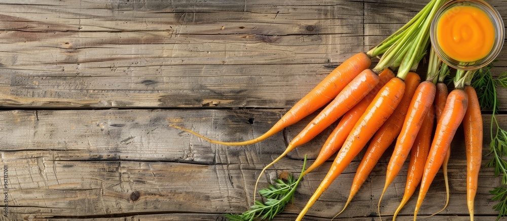 Leinwandbilder top view of baby carrots with sauce on a wooden table allowing for text in the copy space image