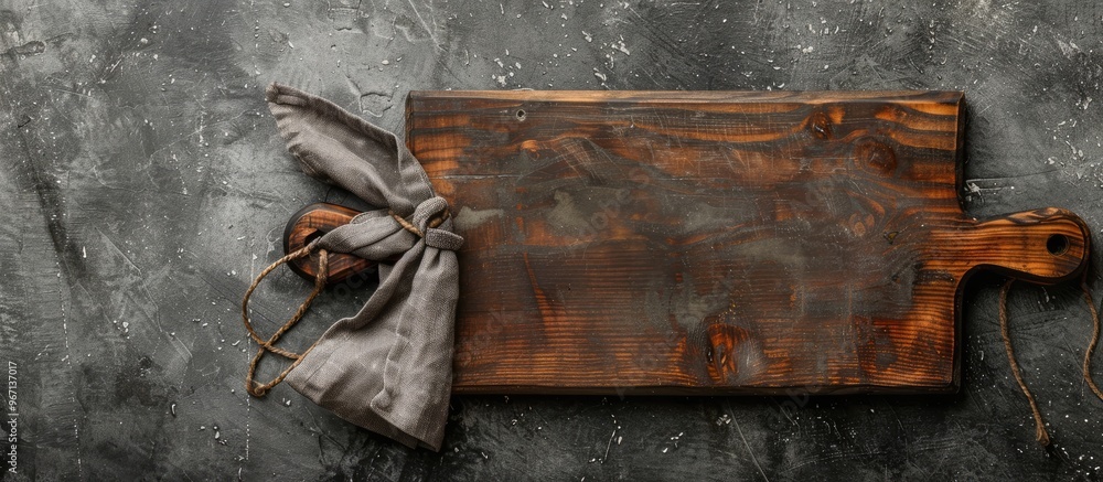 Fototapete top down view of cutting board with a napkin presented on a concrete surface creating a sleek and pr
