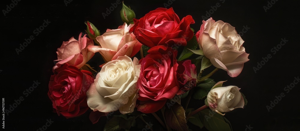 Poster vibrant red and white roses set against a black backdrop perfect for a copy space image