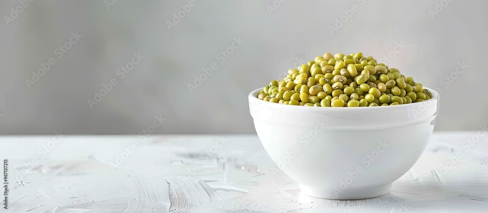 Poster white bowl with organic mung bean and green moong dal on a white background with copy space image