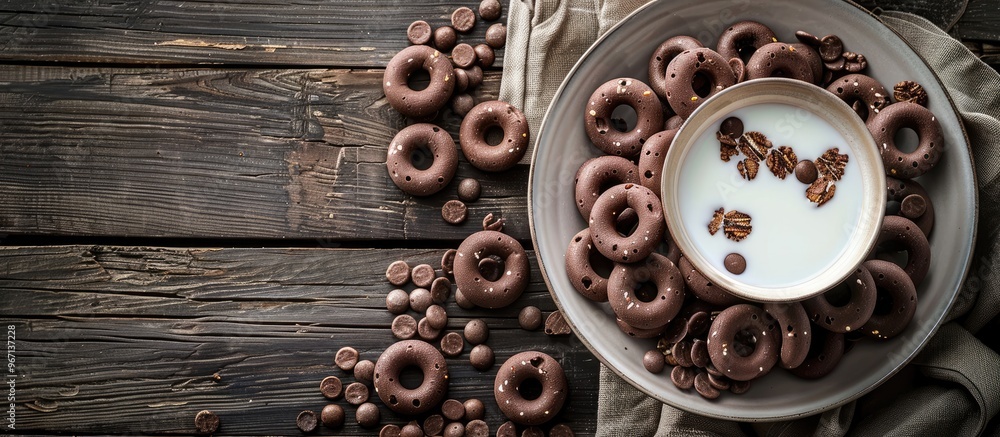 Poster chocolate and corn cereal rings on a plate with milk set against a wooden rustic backdrop offering a