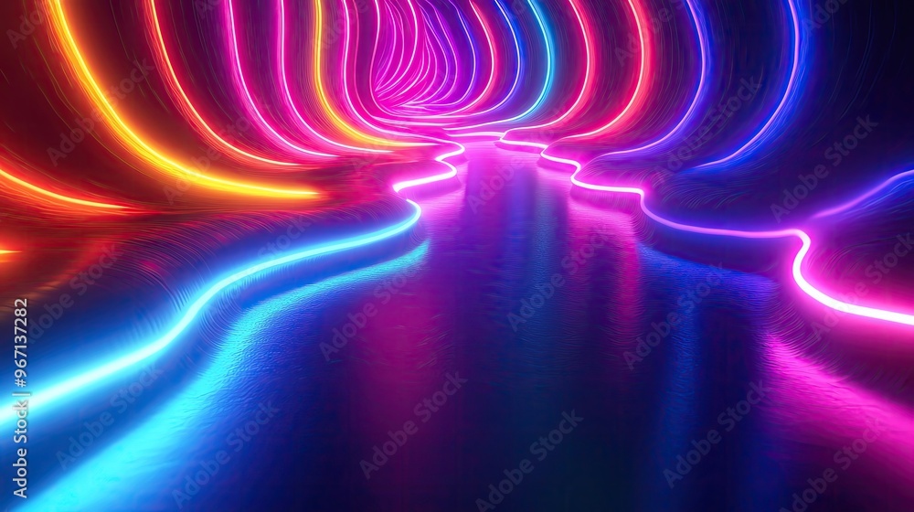 Poster a vibrant tunnel of colorful neon lights creating a mesmerizing and dynamic visual effect, ideal for