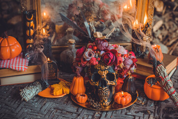 Mystical scene with candles. Fate prediction. Halloween concept, details and décor for home