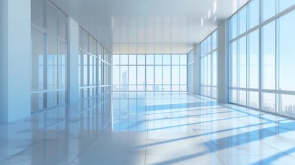 Fototapeta premium Modern Spacious Empty Office Room with Large Windows and City Skyline View - Sunlit Corporate Workspace
