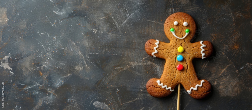 Aufkleber Gingerbread man Christmas cookie on a stick with colorful frosting against a dark background Top down view with a blank space for an image. Creative banner. Copyspace image