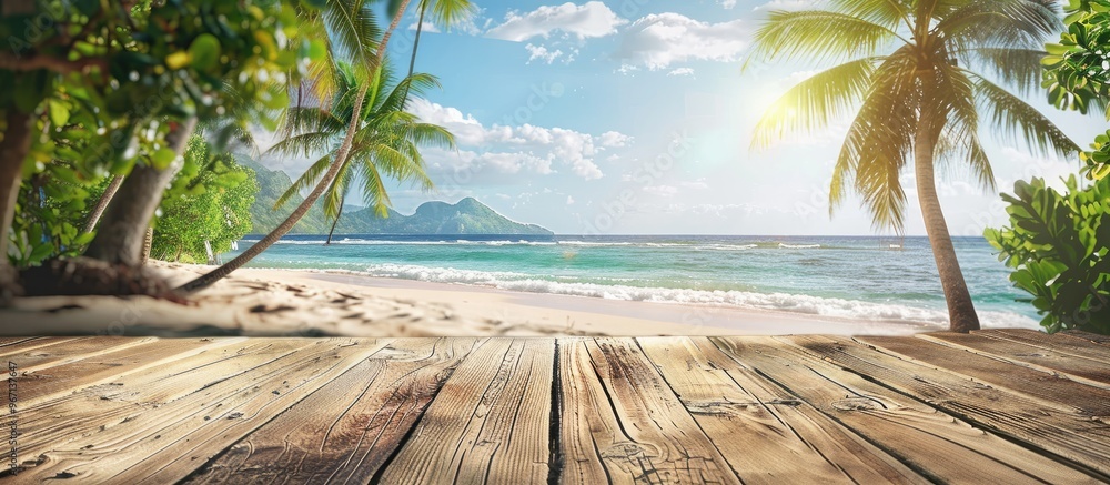 Aufkleber Wooden table with open view to a sunny tropical beach and palm trees perfect for presenting summer items or ad displays with copy space image